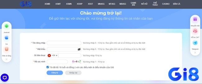 Điền đầy đủ các thông tin theo yêu cầu Gi8 đăng ký như tên đăng nhập, mật khẩu